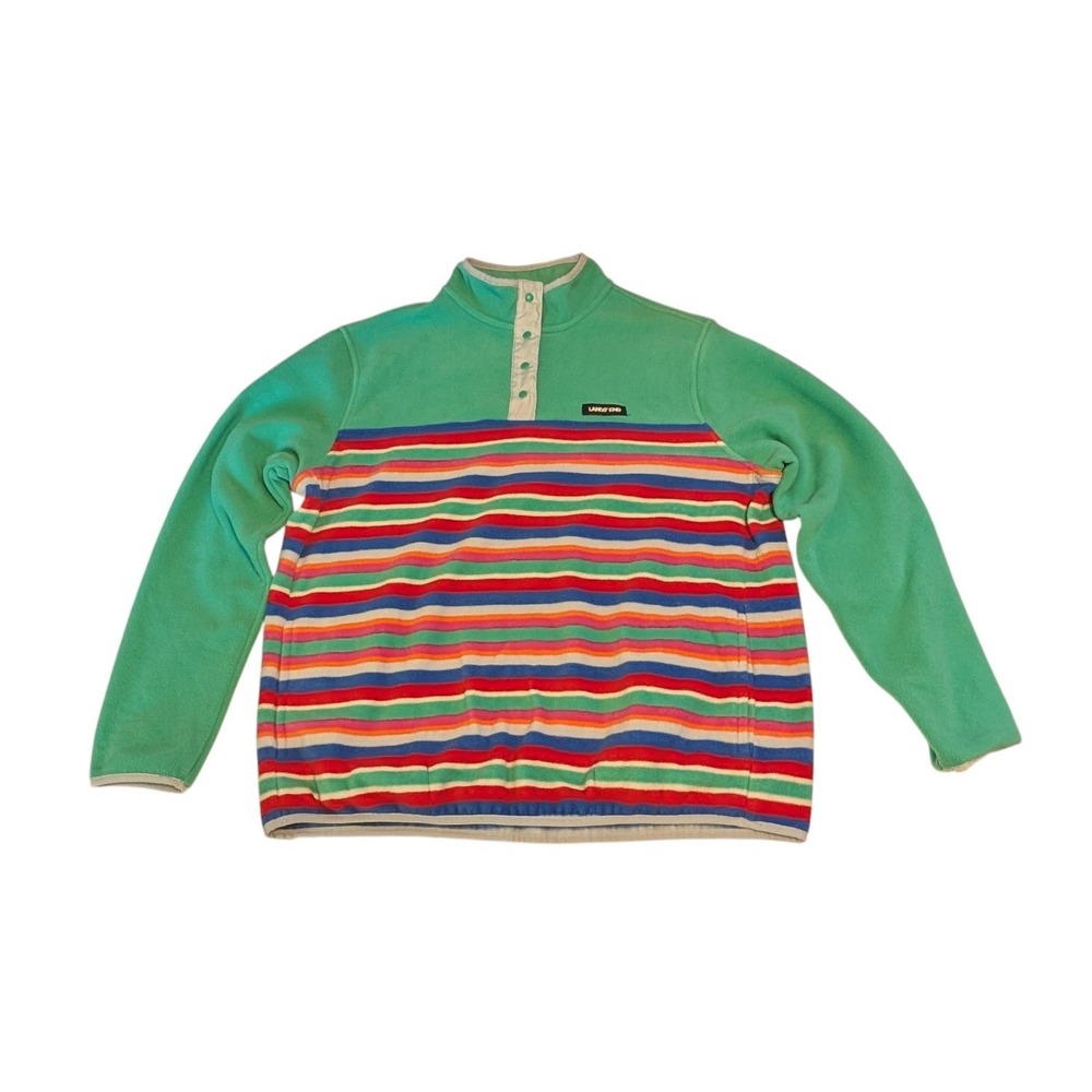 Lands End Women Green Multi Stripe Fleece Snap Neck Pullover Rainbow Gorpcore LG